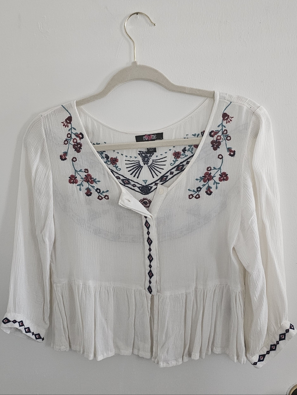 Embroidered White Peasant Blouse with Floral Detail